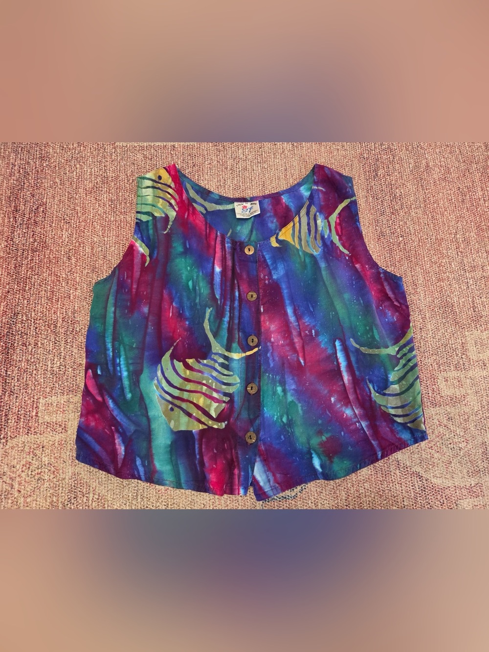 Young fashion batik tie dye button down tank top blouse rayon med